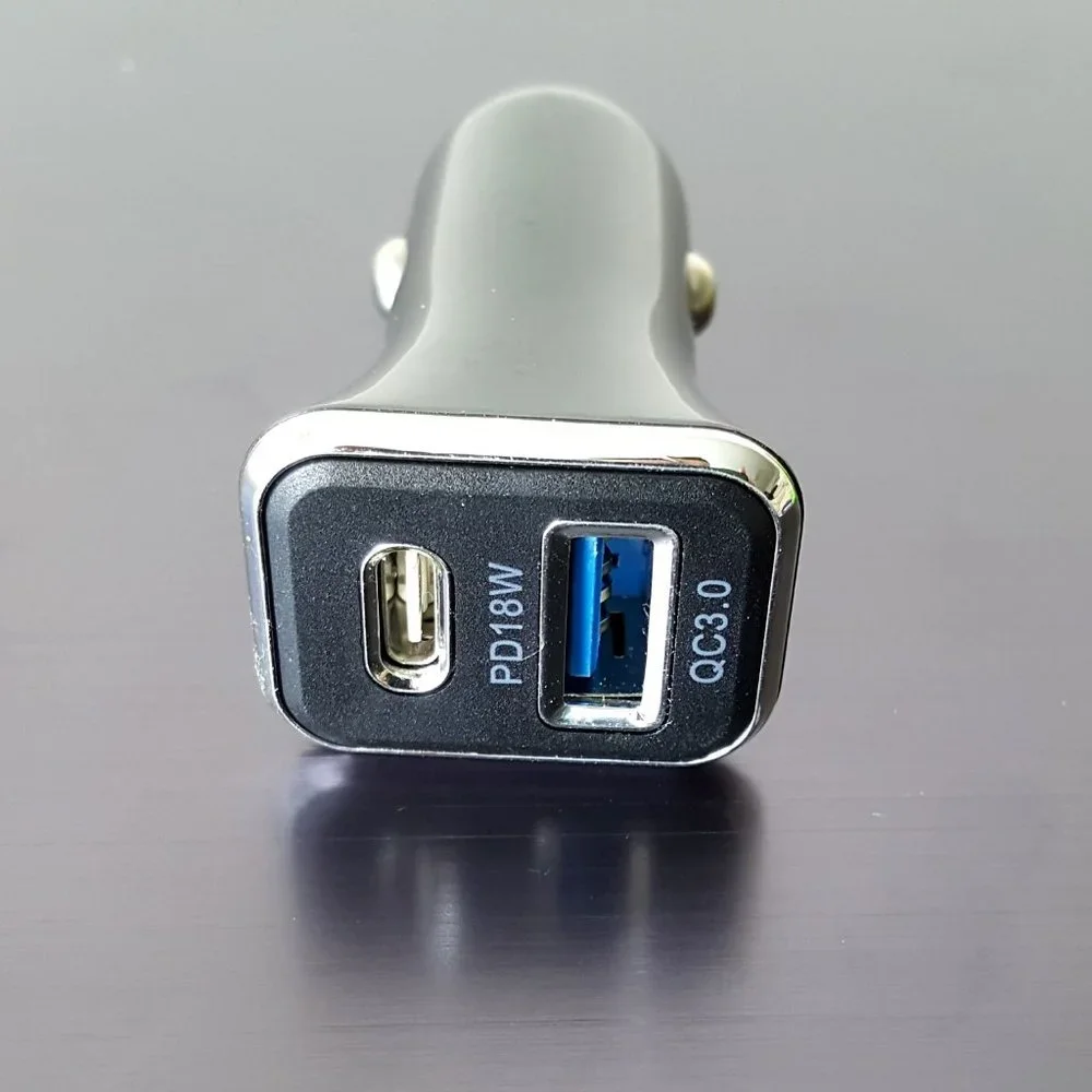 Fast PD Car Charger Dual Port Black Type C Port and USB A Port QC 3.0 Quick Char